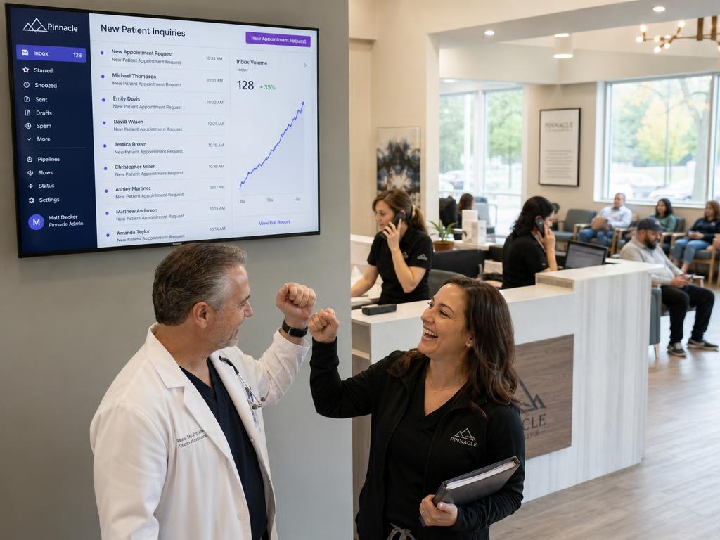 A lead physician and practice manager celebrating a full inbox of new patient appointment requests while staff answer phones in a packed waiting room