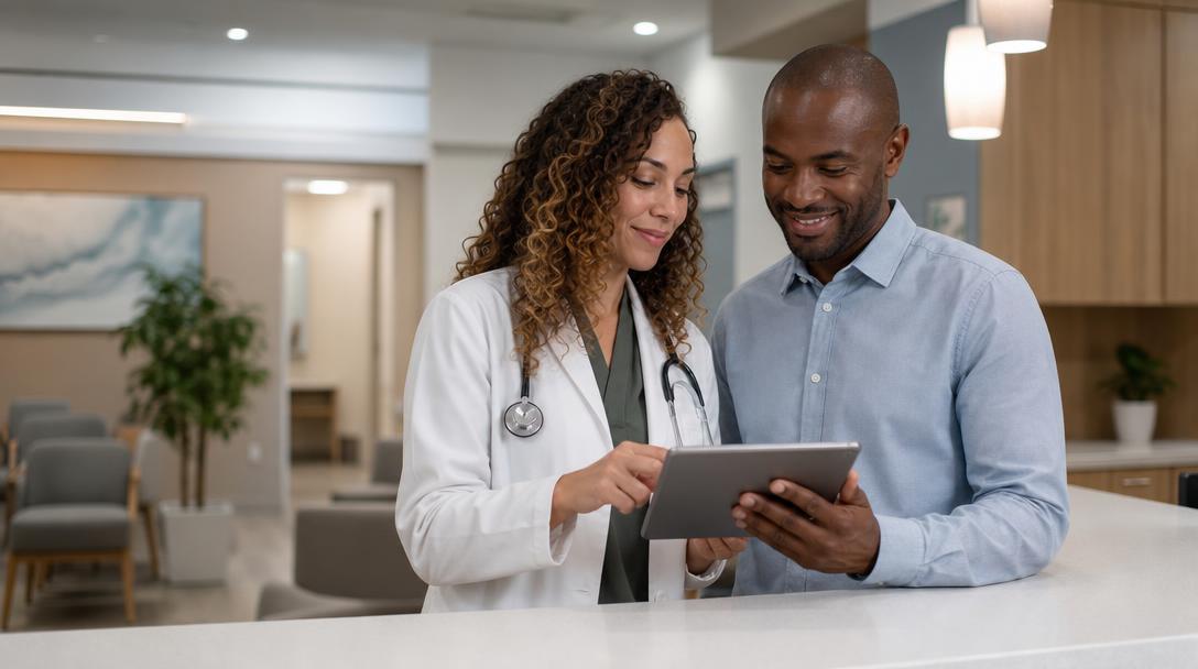 A doctor and practice manager looking at patient inquiries together on a tablet at the front desk
