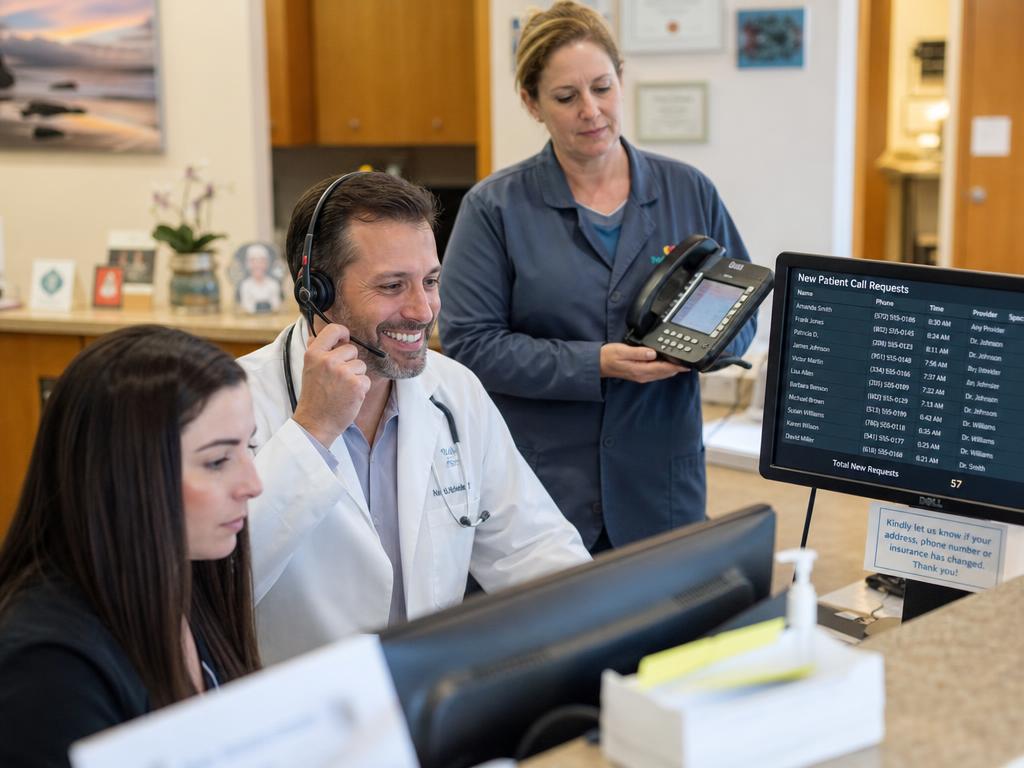 A physician on a headset at a busy front desk taking a surge of new patient phone calls, with a screen listing dozens of new patient call requests