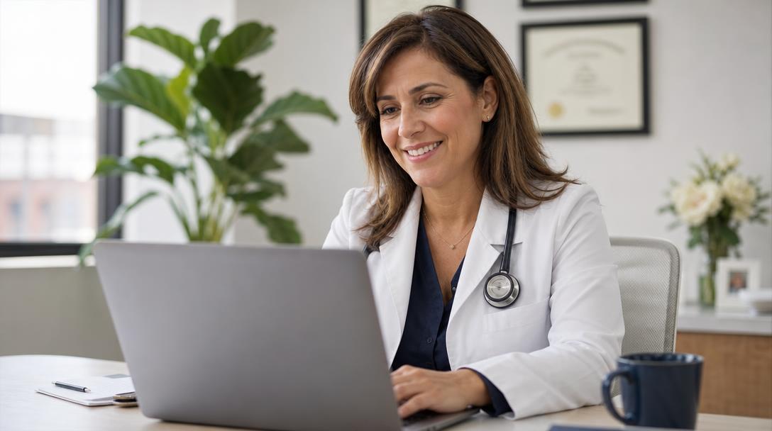 A smiling physician in a white coat reviewing her enhanced profile on a laptop in a bright modern clinic
