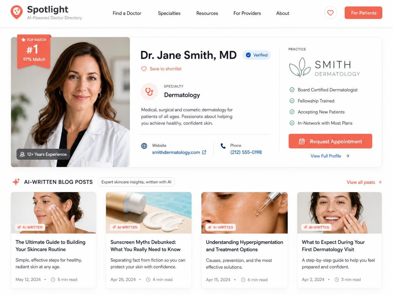 Sample Spotlight doctor listing with headshot, verified badge, practice logo, website link and AI-written blog posts